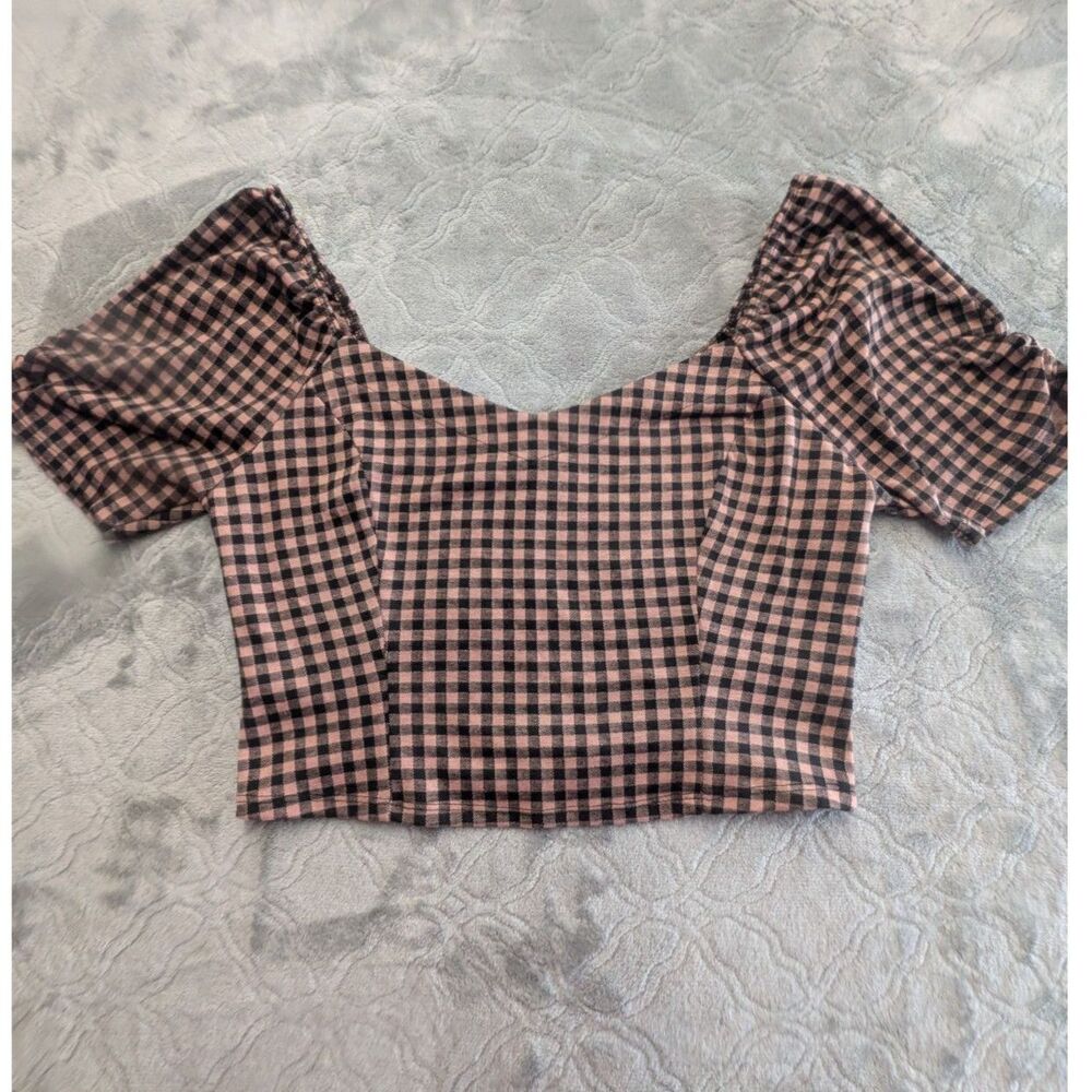Haute Monde Women’s XL Pink Black Gingham Puff Sleeve Corset Crop Top